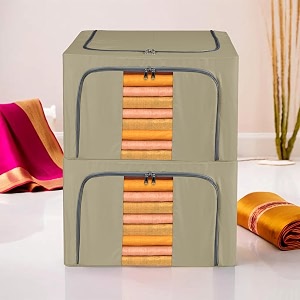 kuber industries pack of 2 clothes storage box  66 ltr  waterproof storage box for saree-shirts amp blankets  foldable parachute steel frame wardrobe organizer  underbed storage bag  brown