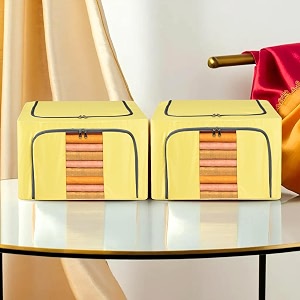 kuber industries pack of 2 clothes storage box  24 liter foldable parachute steel frame wardrobe organizer  waterproof storage box for saree-shirts amp blankets  underbed storage bag  yellow