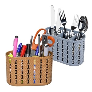 kuber industries pack of 2 cutlery holder  kitchen organizer with 3 compartments  stationery organizer  dining tableware stand  multipurpose desk organizer box  sunny  gray amp beige