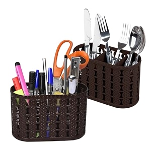 kuber industries pack of 2 cutlery holder  kitchen organizer with 3 compartments  stationery stand  dining tableware stand  multipurpose desk box  sunny  brown