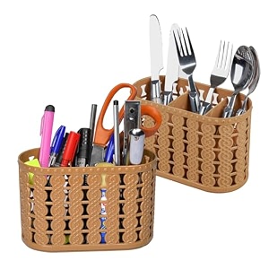kuber industries pack of 2 cutlery holder  kitchen organizer with 3 compartments  stationery organizer  dining tableware stand  multipurpose desk organizer box  sunny  beige