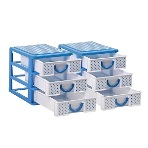 kuber industries pack of 2 drawer stationary oragnizers for desk amp pen holder for study table  3-tier pencil box for students  dots-white amp blue