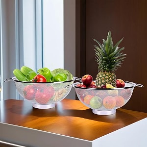 kuber industries pack of 2 fruit basket  stainless steel vegetables strainer  colander basket for pasta-noodles-grains  mesh basket with handle  12 inch  silver