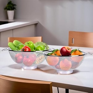 kuber industries fruit basket  stainless steel vegetables strainer  multipurpose fruit basket  colander basket for pasta-noodles-grains  mesh basket with handle  9 inch  silver