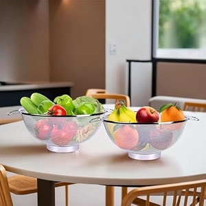 kuber industries pack of 2 fruit basket  stainless steel vegetables strainer  colander basket for pasta-noodles-grains  mesh basket with handle  9 inch  silver