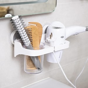 kuber industries hair dryer shelves  wall mounted hair dryer holder for barbershop-bathroom-bedroom  multifunction hair dryer holder  storage punch orgnizer  1332  white