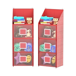 kuber industries pack of 3 hanging almirah  folding baby almirah  4 compartments storage almirah  hanging wall almirah  wardrobe organizer for cloth-shoes-toys  hathkadi  red