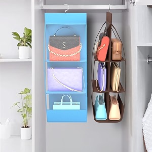 kuber industries pack of 2 hanging organizer  6 pocket transparent storage organizer  handbag storage for closet  clutch handbag organizer  hanging purse for wardrobe  sky blue amp brown