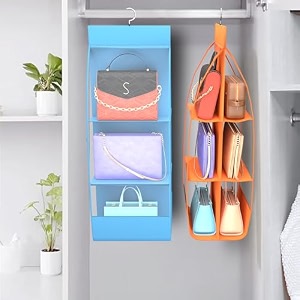 kuber industries pack of 2 hanging organizer  6 pocket transparent storage organizer  hanging purse for wardrobe  handbag storage for closet  clutch handbag organizer  sky blue amp orange