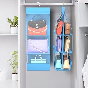 kuber industries pack of 2 hanging organizer  6 pocket storage hanger  handbag organizer  hanging purse for wardrobe  transparent clutch organizer  handbag storage for closet  sky blue