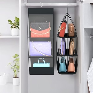 kuber industries pack of 2 hanging organizer  6 pocket storage hanger  handbag organizer  hanging purse for wardrobe  transparent clutch organizer  handbag storage for closet  black
