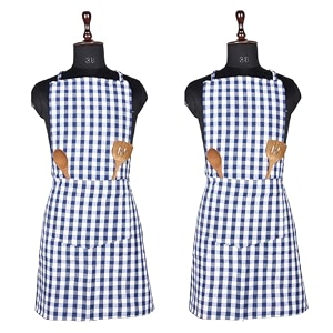 kuber industries kitchen apron set of 2 - restaurant chef cooking dress for women and men - front pocket mota check pattern blue