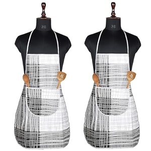 kuber industries kitchen apron set of 2 - restaurant chef cooking dress for women and men - front pocket mota check pattern blue