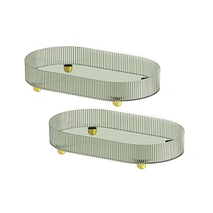 kuber industries pack of 2 multipurpose decorative tray  makeup organiser bathroom vanity tray dresser tray kitchen countertop organiser tray  anti slip and decorative  ym6403  dark green