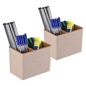 kuber industries plastic pack of 2 pen holder for study table  3-compartment markerpencil stand amp desk organizer for student  office table accessory for stationary item  sandy brown
