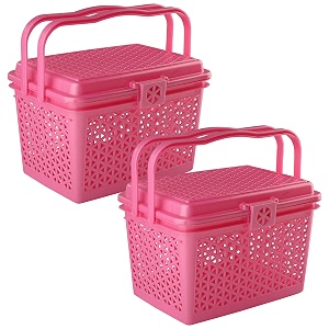 kuber industries pack of 2 picnic basket with lid and handle  food basket for travelling  plastic storage basket  shopping basket  large  pink