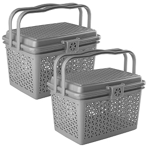 kuber industries pack of 2 picnic basket with lid and handle  food basket for travelling  plastic storage basket  shopping basket  large  grey