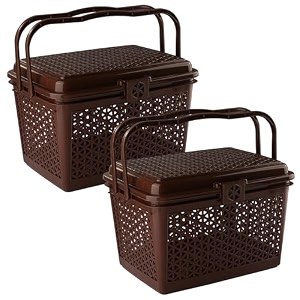 kuber industries pack of 2 picnic basket with lid and handle  food basket for travelling  plastic storage basket  shopping basket  small  brown