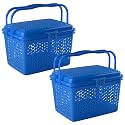 Kuber Industries Pack of 2 Picnic Basket with Lid and Handle | Food Basket for Travelling | Plastic Storage Basket | Shopping Basket | Small | Blue