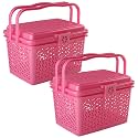 Kuber Industries Pack of 2 Picnic Basket with Lid and Handle | Food Basket for Travelling | Plastic Storage Basket | Shopping Basket | Large | Pink