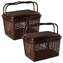 Kuber Industries Pack of 2 Picnic Basket with Lid and Handle | Food Basket for Travelling | Plastic Storage Basket | Shopping Basket | Small | Brown