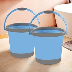 kuber industries pack of 2 plastic bath bucket for bathroom amp kitchen  18 litre multipurpose hot amp cold water container bathing bucket amp balti with handle for home  blue amp grey