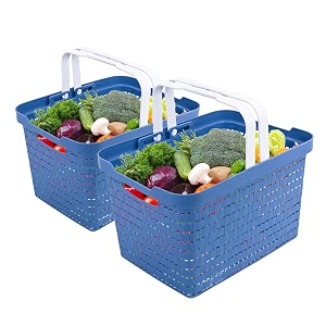 kuber industries pack of 2 plastic medium storage baskets with foldable handles  storage containers for fruits amp vegetables  storage baskets for kitchen books amp stationery items  light blue