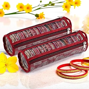 kuber industries pvc pack of 2 bangles organisers storage box with 10 compartments  gold jewellery pouch amp chudi case holder for women  printed -maroon
