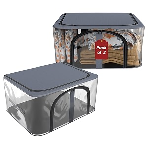 kuber industries pack of 2 pvc transparent 33l cloth organizer for wardrobe  storage bag for clothes large  dress organiser boxes for saree dresses bedsheet  storage box for clothes  grey