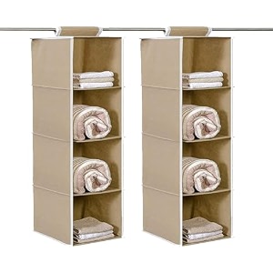 kuber industries pack of 2 shoe stoarge rack  4 shelf closet hanging organizer  foldable wardrobe storage for cloth toys  dress shelf for clothes with velcro  plain  light brown