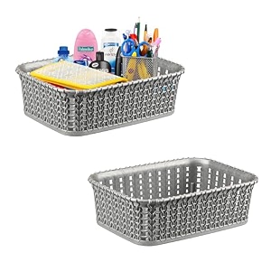 kuber industries pack of 2 small multi-purpose plastic basket for storage m15  spacious stationary amp jewellery holder  home organizers for kitchen bedroom amp dining table  light grey 20x14x6 cm