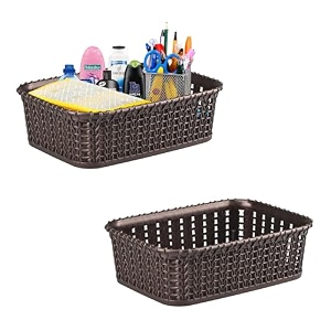 kuber industries pack of 2 small multi-purpose plastic basket for storage m15  spacious stationary amp jewellery holder  home organizers for kitchen bedroom amp dining table  brown