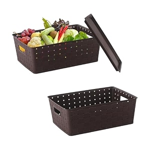 kuber industries pack of 2 stackable plastic 5 ltr storage box with lid  multi-purpose basket for storage amp home organizer for kitchen stationary medicine amp pooja item  cannes pattern - brown
