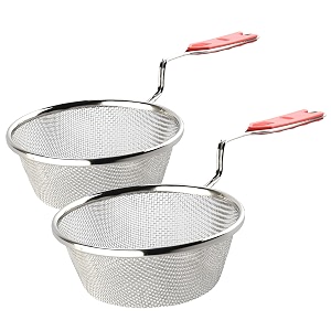 kuber industries pack of 2 stainless steel deep fry strainer for kitchen - 6 no oil cooking jharafilterchanni for chips amp pasta - silver amp red