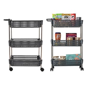 kuber industries pack of 2 storage rack with wheels  3-layer storage organizer rack  multipurpose storage rack for home amp office  kitchen spice rack  revolving vegetable rack  grey