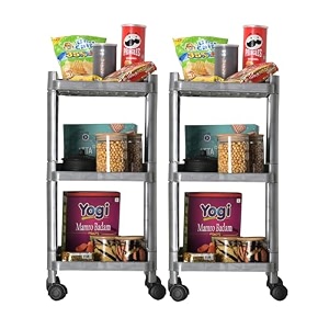 kuber industries storage rack with wheels  3-layer storage organizer rack  multipurpose storage trolley rack for kitchen-home-office  revolving vegetable storage trolley  brown