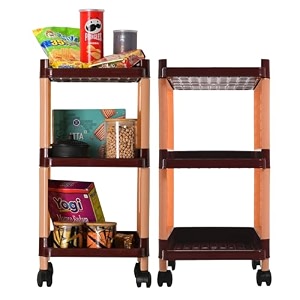 kuber industries storage rack with wheels  3-layer storage organizer rack  multipurpose storage trolley rack for kitchen-home-office  revolving vegetable storage trolley  brown
