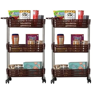 kuber industries pack of 2 storage rack with wheels  3-layer storage organizer rack  multipurpose storage rack for home amp office  kitchen spice rack  revolving vegetable rack  brown