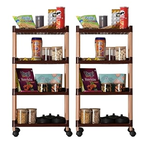 kuber industries storage rack with wheels  3-layer storage organizer rack  multipurpose storage trolley rack for kitchen-home-office  revolving vegetable storage trolley  brown