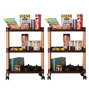 kuber industries storage rack with wheels  3-layer storage organizer rack  multipurpose storage trolley rack for kitchen-home-office  revolving vegetable storage trolley  brown