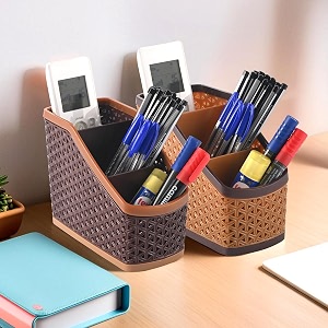 kuber industries pack of 2 stylish plastic 3-compartment pen holder for office table  durable pen stand for study table - versatile stationery organizer for home school amp office use  brown