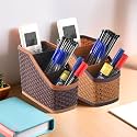 Kuber Industries Pack of 2 Stylish Plastic 3-Compartment Pen Holder for Office Table | Durable Pen Stand for Study Table - Versatile Stationery Organizer for Home, School & Office Use | Brown