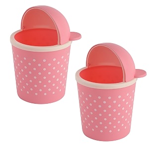 kuber industries plastic pack of 2 table dustbin  teddy desk manual-lift dustbin with attached lid  dustbin for office kitchen bedroom  countertop 1 ltr study table dustbin  pink