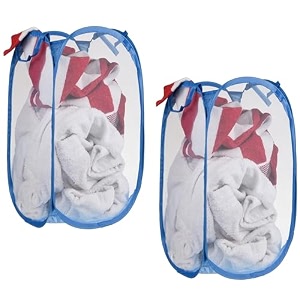 kuber industries pack of 2 unwashed clothes storage basket  foldable laundry basket for clothes  mesh laundry bag  collapsible amp portable  30 ltr  sky blue