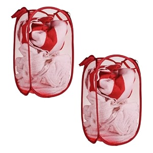 kuber industries pack of 2 unwashed clothes storage basket  foldable laundry basket for clothes  mesh laundry bag  collapsible amp portable  30 ltr  red