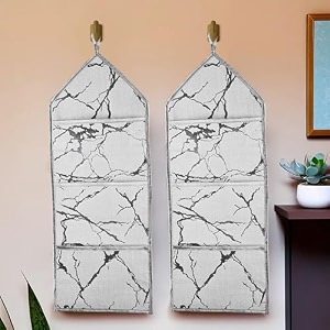 kuber industries pack of 2 wall hanging organizer  foldable document holder  3 multi-purpose storage pocket  hanging stationary-magazine organizer  marble-design  light grey