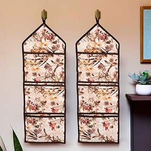 kuber industries wall hanging organizer  quilted fabric stationary organizer  waterproof 3 multi-purpose pocket  magazine organizer  foldable document holder  brown flower  cream