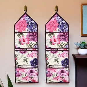 kuber industries wall hanging organizer  quilted fabric stationary organizer  waterproof 3 multi-purpose pocket  magazine organizer  foldable document holder  brown flower  cream