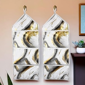 kuber industries pack of 2 wall hanging organizer  foldable document holder  3 multi-purpose storage pocket  hanging stationary organizer  magazine organizer  golden marble  grey