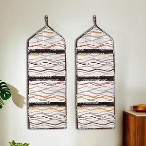 kuber industries polyvinyl chloride pack of 2 wall hanging clothing organizer for wardrobe with 3 pockets amp zip  letter holder socks amp tie storage pouches  printed - brown